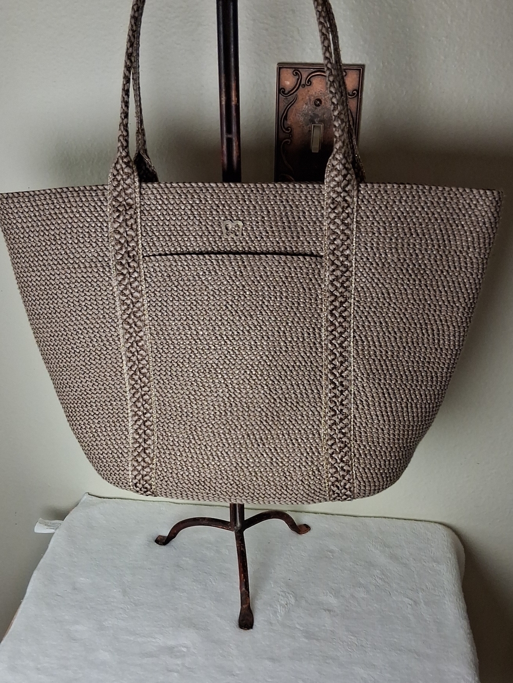 Eric Javits Taupe Woven Tote with Braided Straps